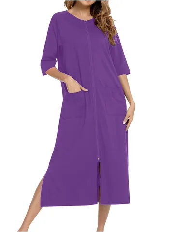 Damen Nachthemd mit Reißverschluss Vorne Stillnachthemd Lässig Große Größen Homewear mit Taschen Seitenschlitz Einfarbig Langes Kleid
