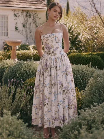 Women Vintage Elegant Floral Spaghetti Strap Maxi Dress Corset Style Slimming A-Line Fairy Long Dress For Vacation Party Casual