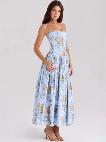 Women Vintage Elegant Floral Spaghetti Strap Maxi Dress Corset Style Slimming A-Line Fairy Long Dress For Vacation Party Casual