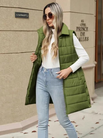 Women Mid-Length Quilted Cotton Vest Casual Slim Fit Stand Collar Sleeveless Jacket With Pockets Winter Warm Outerwear Top