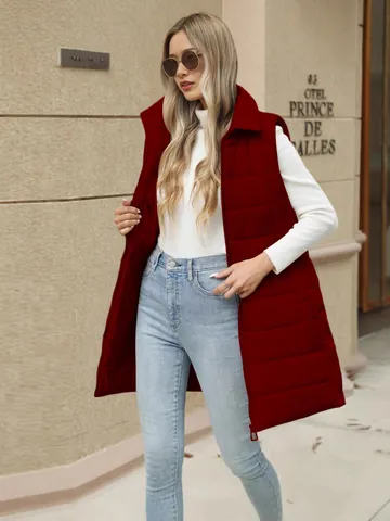 Women Mid-Length Quilted Cotton Vest Casual Slim Fit Stand Collar Sleeveless Jacket With Pockets Winter Warm Outerwear Top