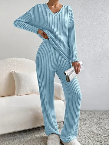 Women Casual V-Neck Ribbed Knit Top And Bottom Solid Color Long Sleeve Top And Wide Leg Straight Pants Fashion Loungewear