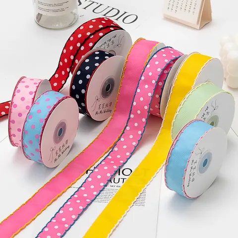 Scalloped Grosgrain Ribbon Polka Dot Printed Polyester Webbing For DIY Hair Bows Baking Flower Gift Wrapping Crafts Decoration