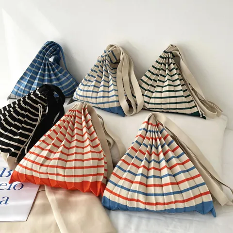 Women Knitted Pleated Shoulder Bag Korean Style Striped Color Block Accordion Fold Handbag Minimalist Casual Tote Bag