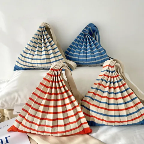 Women Knitted Pleated Shoulder Bag Korean Style Striped Color Block Accordion Fold Handbag Minimalist Casual Tote Bag