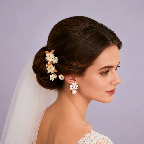Handmade White Resin Flower Hair Clip Gold Metal Leaf Rhinestone Pearl Duckbill Hairpin For Women Wedding Banquet Jewelry