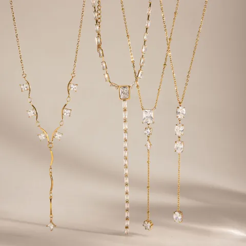 Collier en Y en Acier Inoxydable Plaqué Or 18 Carats Avec Zirconia Pendentif Lariat Géométrique Bijoux de Mode pour Femmes