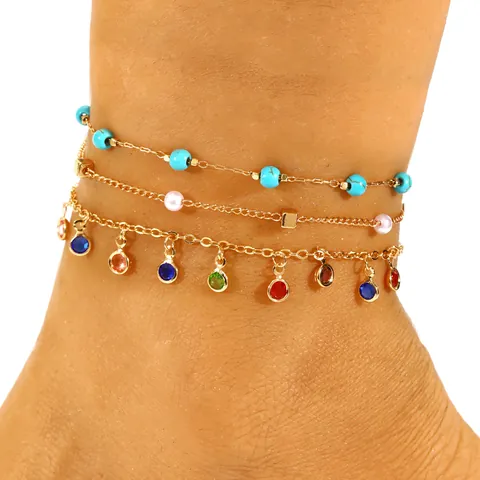 Bohemian Stainless Steel Anklet Set Multicolor Drip Oil Beads Rhinestone Layered Foot Chain Beach Holiday Jewelry For Women