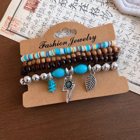 Bohemian Retro Multilayer Beaded Bracelet Set Wood Stone Leather Coconut Shell Flower Leaf Feather Elastic Jewelry For Women