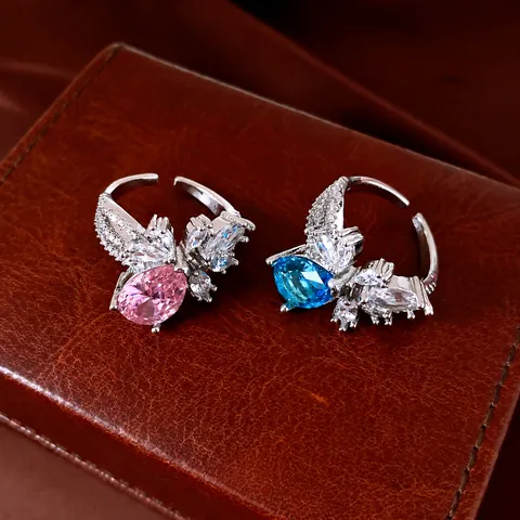 Luxus Zirkonia Wassertropfen Blume Offener Ring Für Damen Kupfer Gold Silber Plattiert Verstellbarer Fingerring Eleganter Designer Schmuck