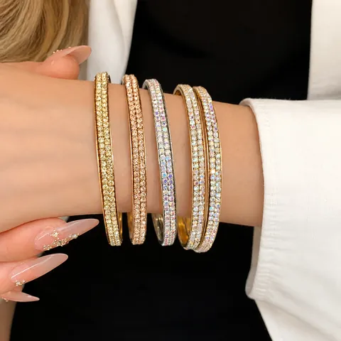 Dubbele Rij Strass Ronde Armring IJzer Lichte Luxe Ins Stijl Mode Sieraden Voor Dames Dagelijks Banket Cadeau