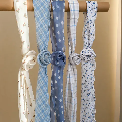 Pastoral Chiffon Long Scarf For Women Korean Style Floral Polka Dot Checkered Neck Scarf With Fabric Rose Decor Accessory Set