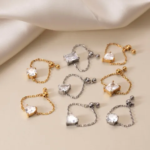 Minimalist Stainless Steel Zirconia Adjustable Chain Ring For Women Water Drop Heart Round Square Pendant Finger Jewelry Gift