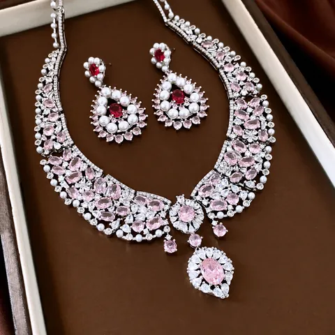 Vintage Royal Copper Zirconia Artificial Pearl Jewelry Set Waterdrop Pendant Necklace And 925 Sterling Silver Post Earrings