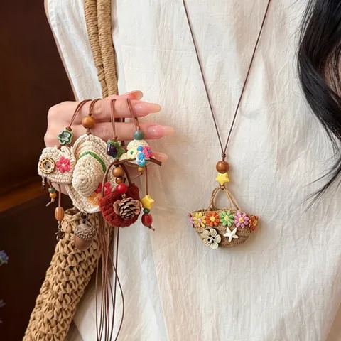 Bohemian Handmade Woven Straw Hat Pendant Necklace For Women Summer Vacation Beaded Floral Wood Coconut Shell Necklace Gift
