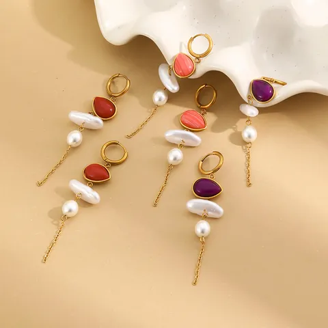 Stainless Steel 18K Gold Plated Tassel Earrings For Women With Acrylic Teardrop Artificial Pearl Vintage Drop Earrings