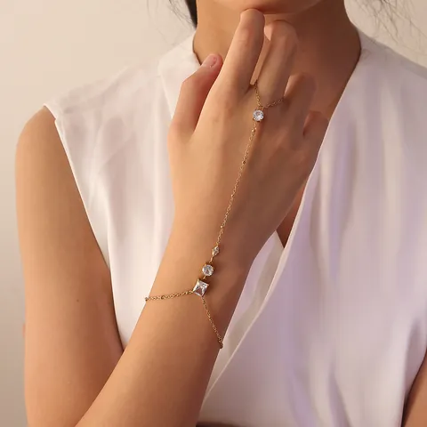 Pulsera Hand Chain de Acero Inoxidable Elegante Circonia Chapado en Oro Pulsera Ring-Linked Joyería de Mano Geométrica Mujer