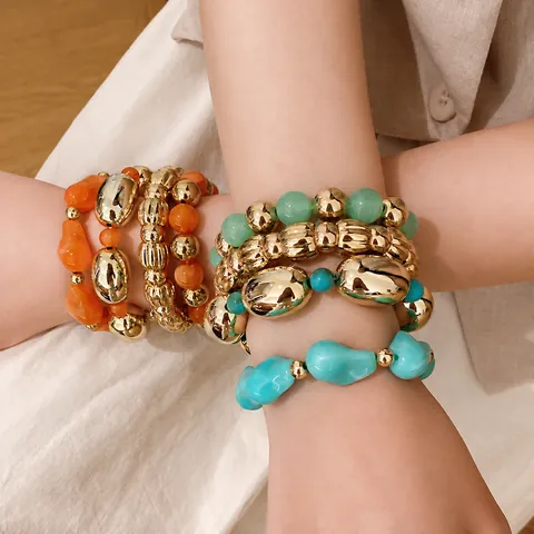 Conjunto de Pulseras Elásticas de Acrílico Geométrico Irregular Bohemio para Mujer Pulsera de Cuentas de Aleación de Oro para Vacaciones de Verano Fiesta Joyería