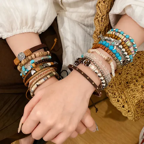 Bohemian Ethnic Vintage Layered Bracelet Set For Women Wood Polymer Clay Leather Beaded Bangle Heart Butterfly Pendant Jewelry Gift