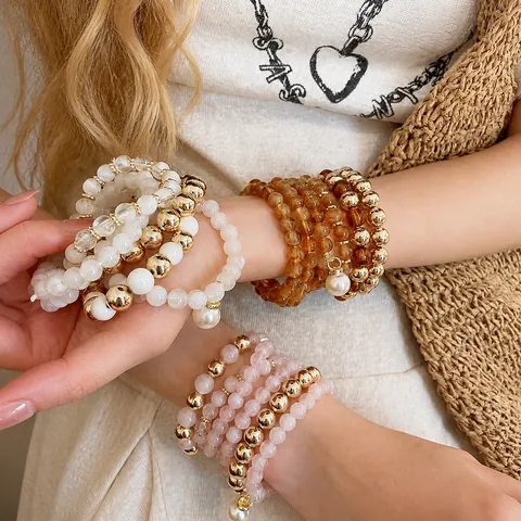 Luxury Multi-Layered Artificial Pearl Acrylic Beaded Bracelet Collection For Women Gold Beaded Hand Chain French Fashion Jewelry