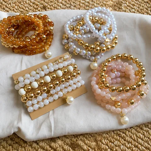 Luxury Multi-Layered Artificial Pearl Acrylic Beaded Bracelet Collection For Women Gold Beaded Hand Chain French Fashion Jewelry