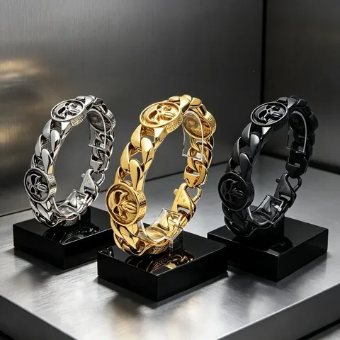 Bracciale Catena Cubana in Acciaio al Titanio Gotico Vintage per Uomo Halloween Teschio Piastra Rotonda Punk Gioielli