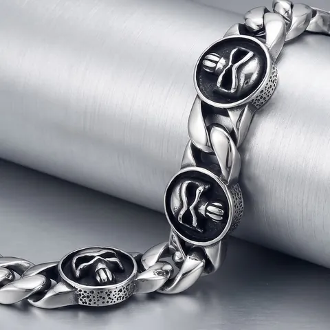 Bracciale Catena Cubana in Acciaio al Titanio Gotico Vintage per Uomo Halloween Teschio Piastra Rotonda Punk Gioielli