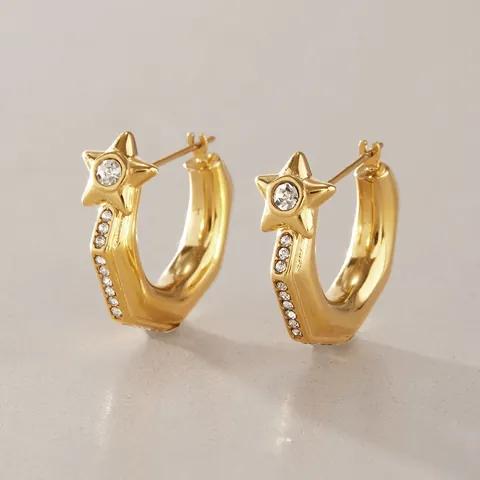 Luxury Stainless Steel Star Rhinestone Hoop Earrings For Women Gold Plated Geometric Ear Cuffs Fashion Jewelry Accessories