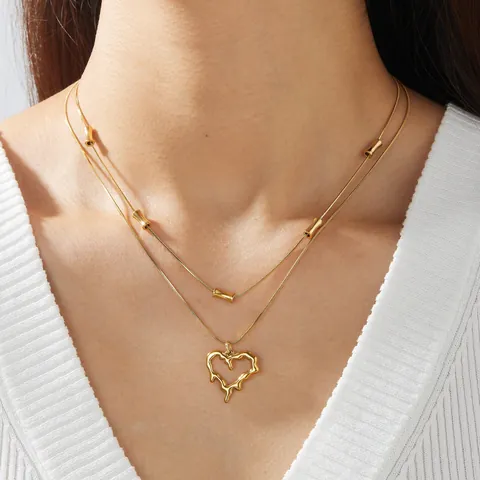 Minimalist Ins Style Stainless Steel Double Layer Clavicle Chain Lava Irregular Heart Pendant Necklace For Women Gold Plated Fashion Jewelry