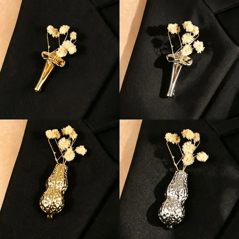 Vintage Creative Copper Vase Peanut Brooch For Women Electroplated Calla Lily Flower Bouquet Lapel Pin Suit Accessories