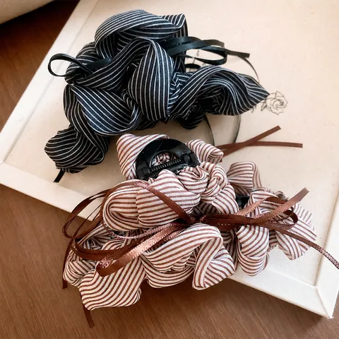 Korean Style Striped Pleated Bow-knot Tassel Hair Claw Acrylic Fabric Fashion Design Hair Clip For Women Headwear Accessories