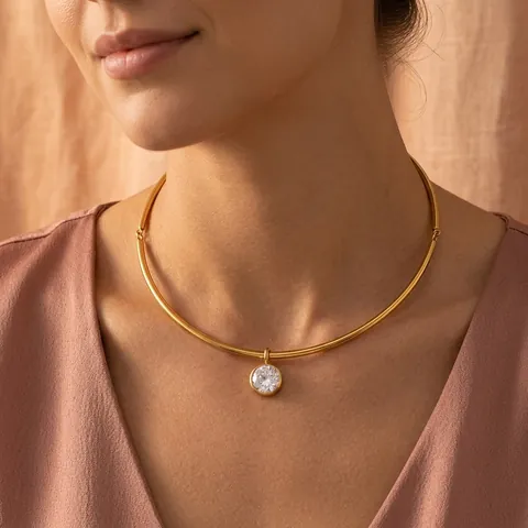 Stainless Steel 18K Gold Plated Zirconia Choker Necklace For Women Minimalist Single Stone Pendant Clavicle Chain Jewelry
