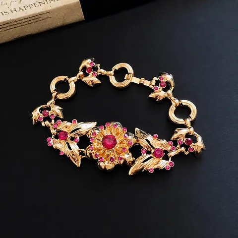 Pulsera Vintage de Aleación con Mariposa y Flor de Strass para Mujer Tono Dorado Rosa Rojo Joyería de Cristal Cierre de Palanca