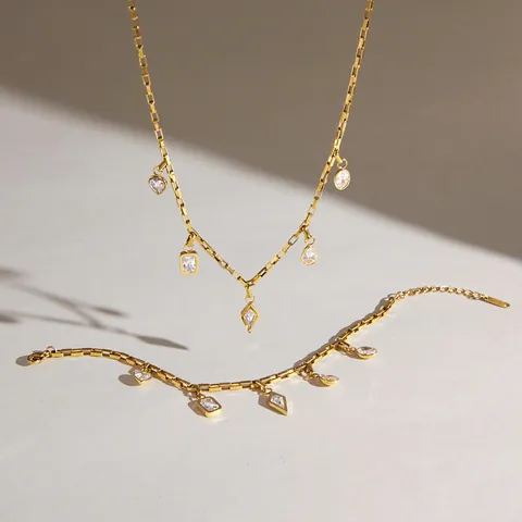 Edelstahl 18K Vergoldet Zirkonia Schmuck Set Geometrisch Herz Wassertropfen Anhänger Halskette Armband Für Damen Modeschmuck