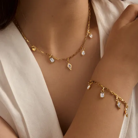 Edelstahl 18K Vergoldet Zirkonia Schmuck Set Geometrisch Herz Wassertropfen Anhänger Halskette Armband Für Damen Modeschmuck