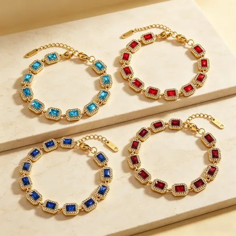 Vintage Paleisstijl Roestvrij Stalen Zirconia Armband Voor Vrouwen Verguld Vierkante Gekleurde Steen Strass Verstelbare Armband Luxe Sieraden Cadeau