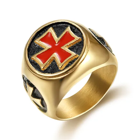 Men's Retro Titanium Steel Gold Plated Signet Ring Red Cross Drip Oil Band Ring European American Style Party Jewelry Gift