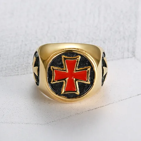 Men's Retro Titanium Steel Gold Plated Signet Ring Red Cross Drip Oil Band Ring European American Style Party Jewelry Gift
