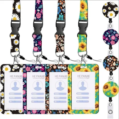 Retractable ABS ID Card Holder Polyester Lanyard Badge Reel Floral Pattern Neck Strap For Office School Women Men