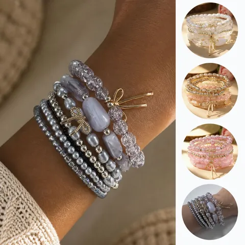 Bohemian Style Bow Glass Bead Stacking Bracelet Artificial Pearl Alloy Jewelry Collection For Women Holiday Travel Daily Wear