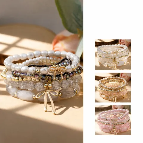 Bohemian Style Bow Glass Bead Stacking Bracelet Artificial Pearl Alloy Jewelry Collection For Women Holiday Travel Daily Wear