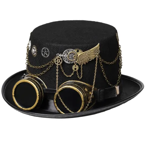 Steampunk Top Hat Felt Gothic Hat With Bronze Wings Goggles Gear Chain Halloween Cosplay Party Prop For Men Women Accessories