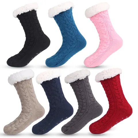 Acrylic Thickened Sherpa Lined Floor Socks For Women Men Winter Warm Cable Knit Indoor Non-Slip Slipper Socks House Wear
