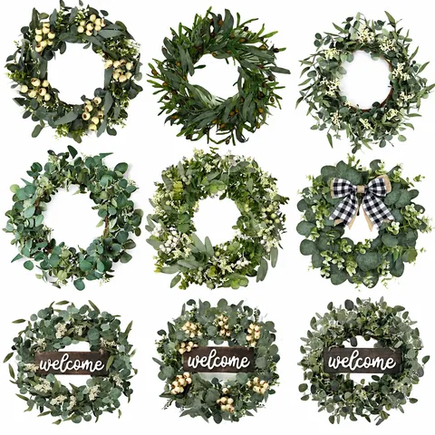 Couronne Artificielle d'Eucalyptus et de Baies Avec Base en Rotin Grande Guirlande de Printemps Été Pâques Panneau de Bienvenue Pour Décoration de Maison Porte d'Entrée