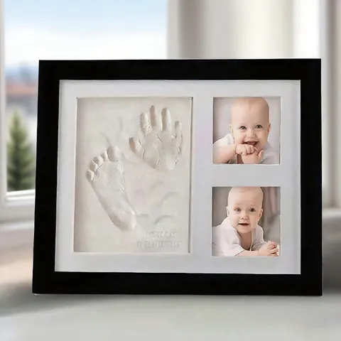 Kit de Cadre Photo Empreinte de Main et de Pied de Bébé DIY Cadre Commémoratif en Bois d'Ingénierie avec Tampon Encreur et Petit Bâton pour Nouveau-Né Animaux de Compagnie Cadeau Décoration Maison Mur Table