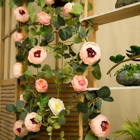 Artificial Peony Eucalyptus Flower Vine Garland Faux Silk Peony Green Leaves Hanging Plant For Wedding Party Home Decor Wall Decoration