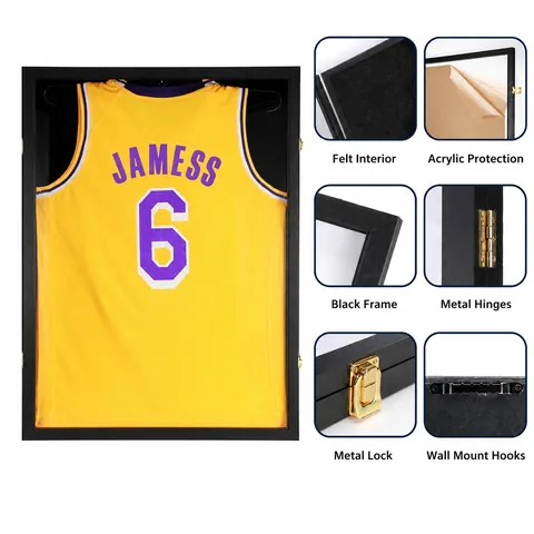 Vitrina para Camisetas Deportivas para Recuerdos de Fútbol Baloncesto Protección UV Caja de Sombra de Acrílico Marco de MDF Montado en la Pared Negro