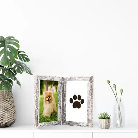 Pet Paw Print Keepsake Kit Double Folding MDF Photo Frame With Clean Touch Ink Pad For Dogs Cats Memorial Gift Home Decor