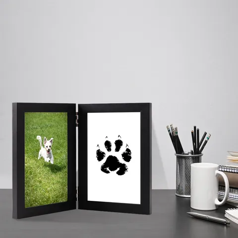 Pet Paw Print Keepsake Kit Double Folding MDF Photo Frame With Clean Touch Ink Pad For Dogs Cats Memorial Gift Home Decor