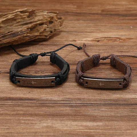 Vintage Geflochtenes Leder Kreuz Armband Herren Damen Spanisches Gebet Zinklegierung Religiös Retro Verstellbar Handkette